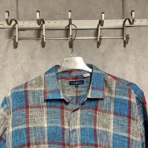 Lanzino Shirt Men 3XL Blue Plaid Linen Cotton Hopsack Button Up Casual Academia
